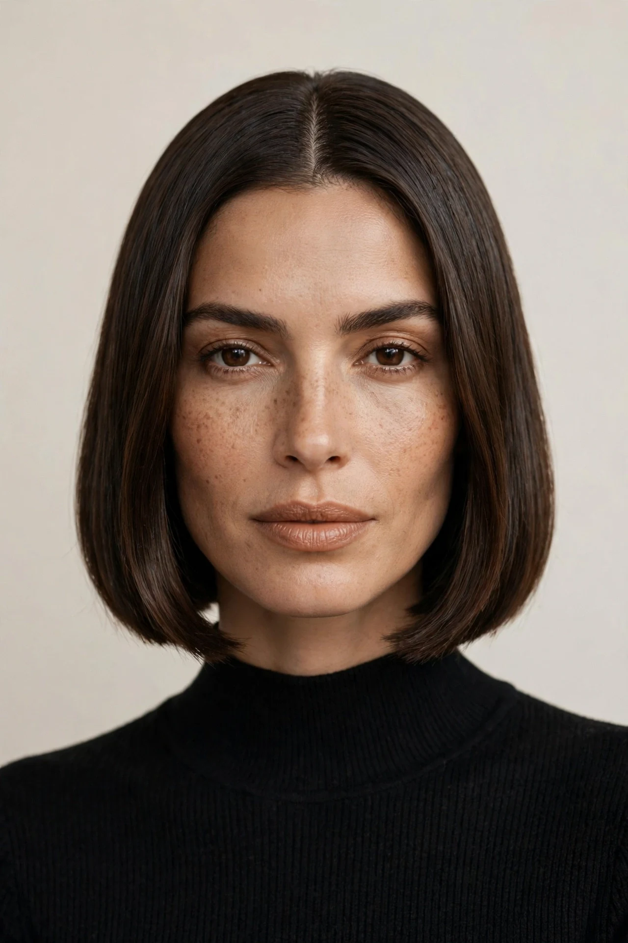 Sleek middle part midi bob with polished finish