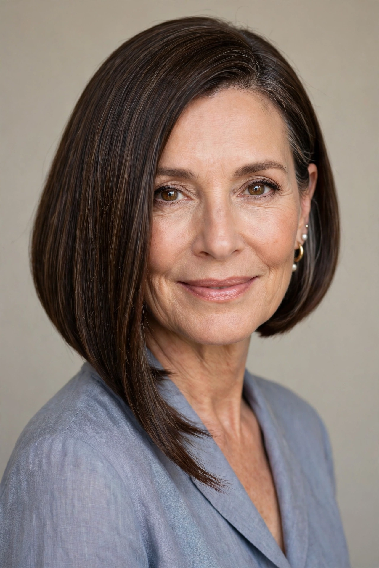 A woman with an A-line mother of the bride bob, sleek angled cut