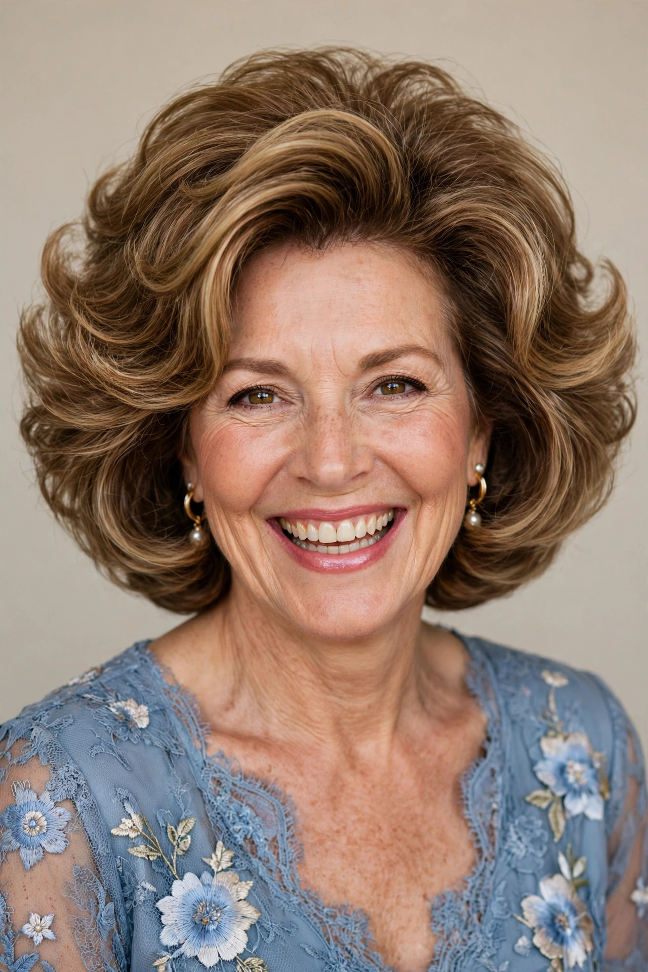 A woman with a voluminous blowout bob for mother of the bride, bouncy