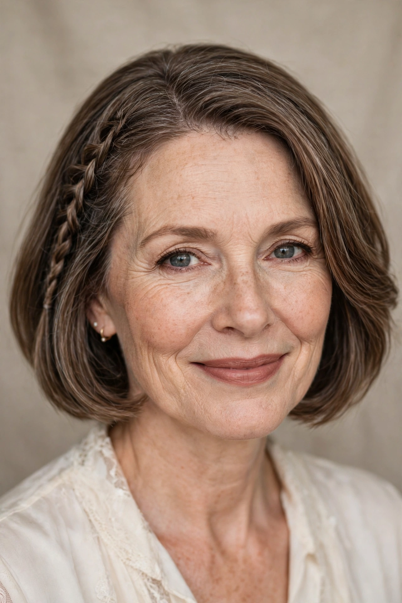 A woman with a braided accent mother of the bride bob, small side braid