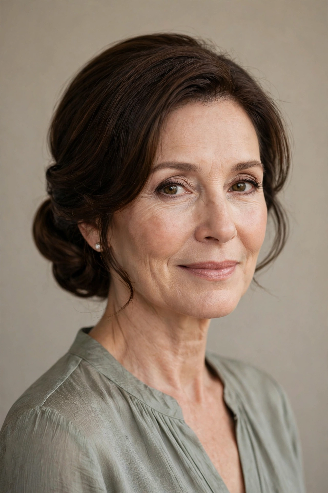 A woman with a soft chignon bob updo for mother of the bride