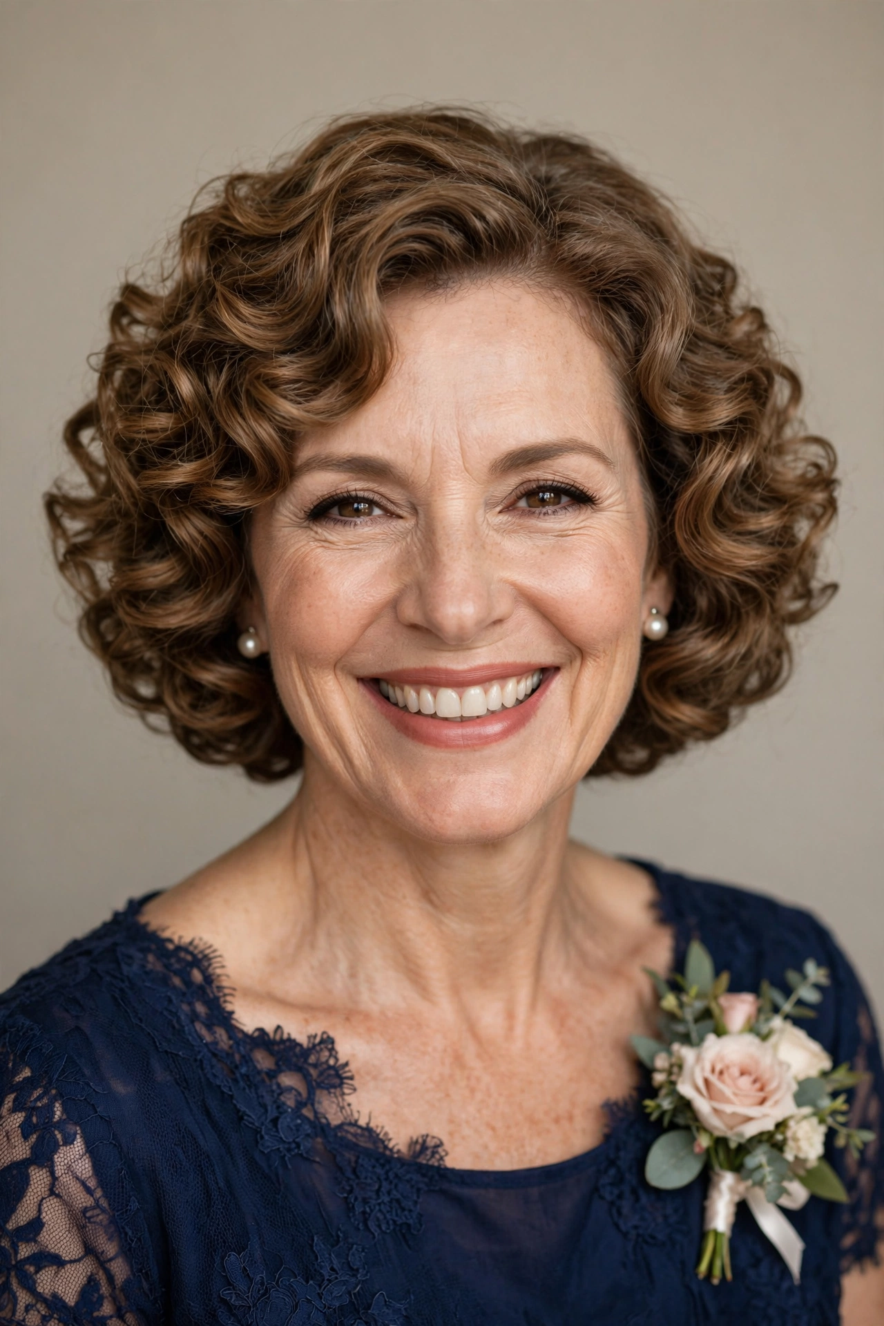 A woman with a curly occasion mother of the bride bob, defined curls