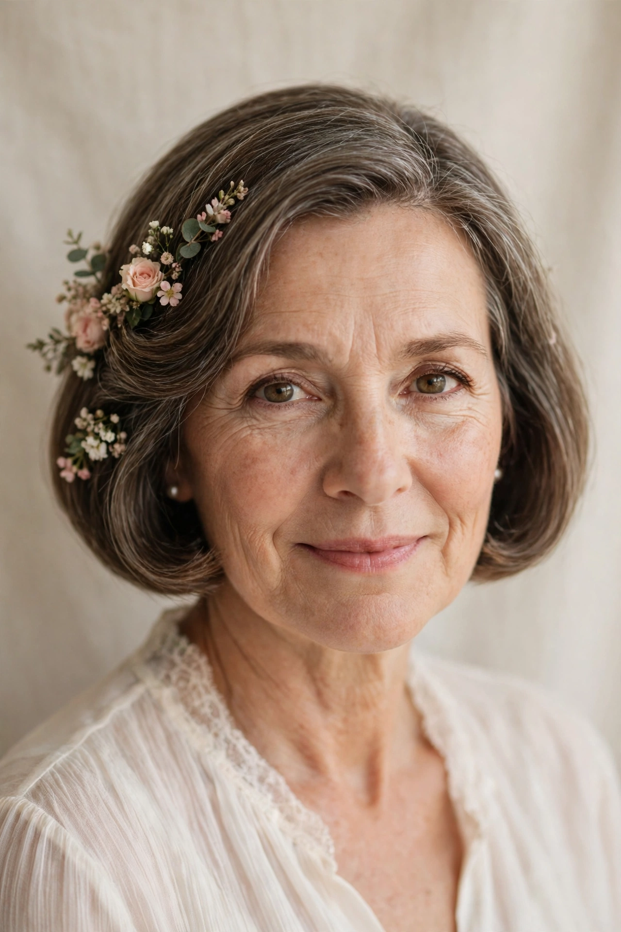 A woman with a floral pinned mother of the bride bob, delicate flower accessories