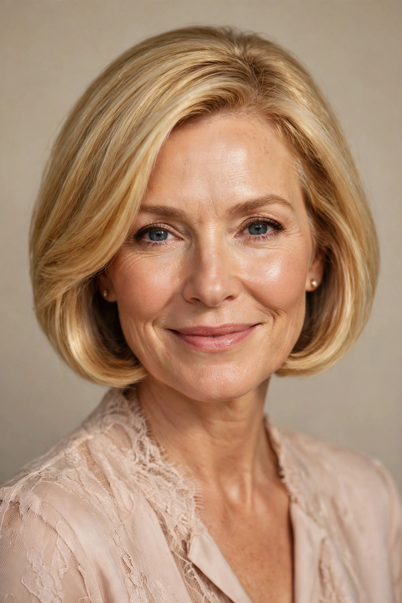 A woman with a golden blonde mother of the bride bob, luminous color