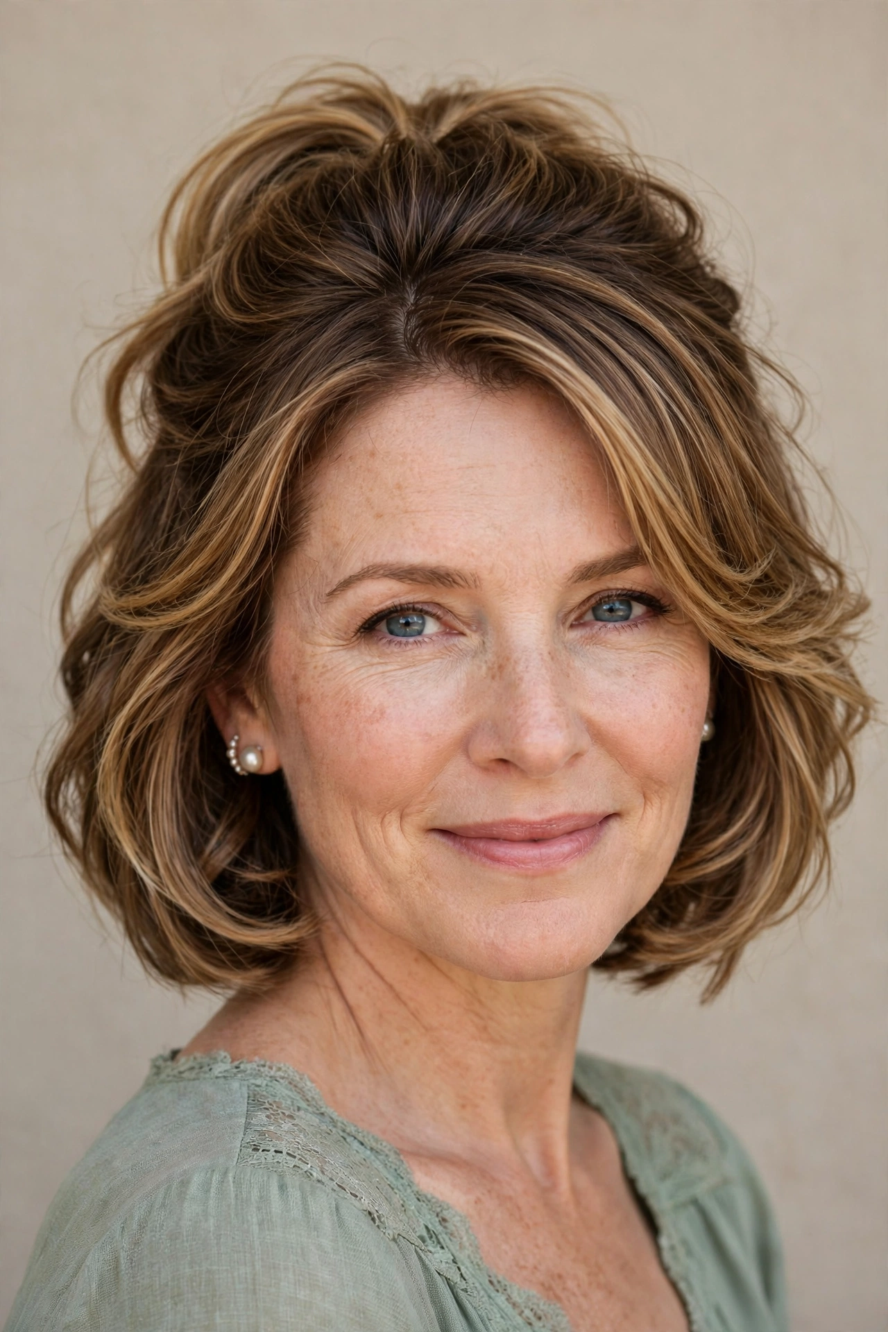 A woman with a layered half-up mother of the bride bob, soft volume