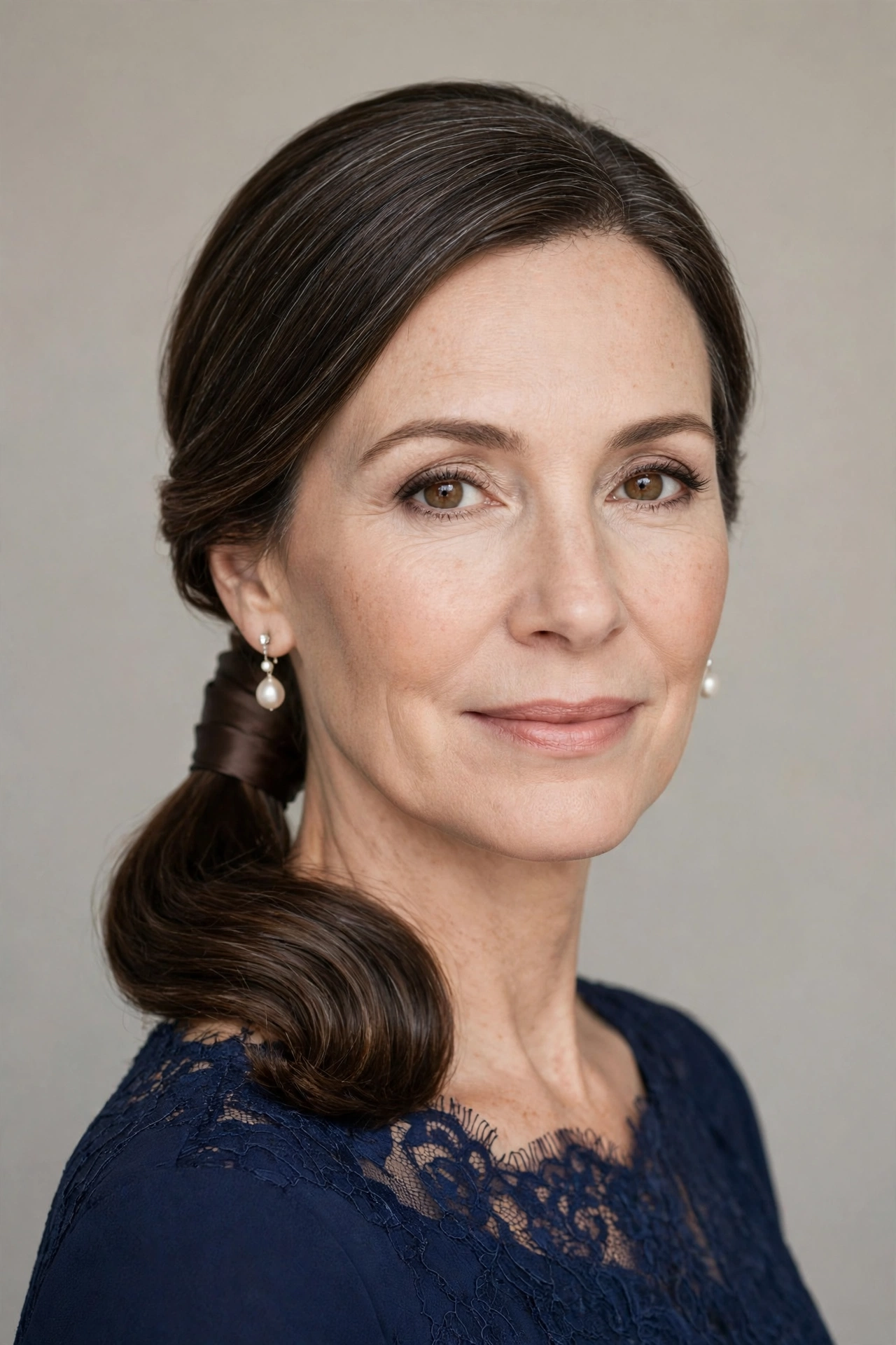 A woman with an elegant low ponytail mother of the bride bob, wrapped base