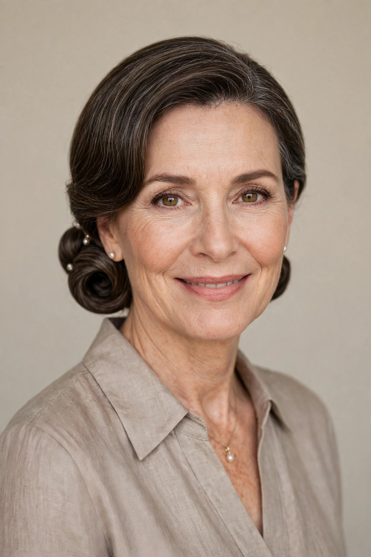 A woman with a low rolled bob updo for mother of the bride