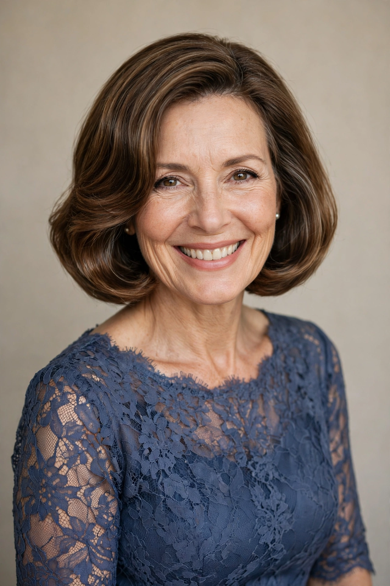 A woman with a radiant mother of the bride bob, glowing polished waves