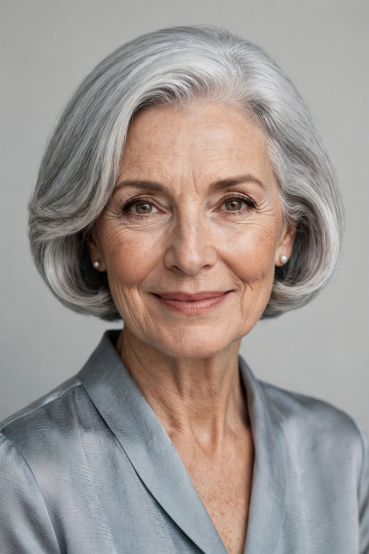 A woman over 60 with an elegant silver mother of the bride bob