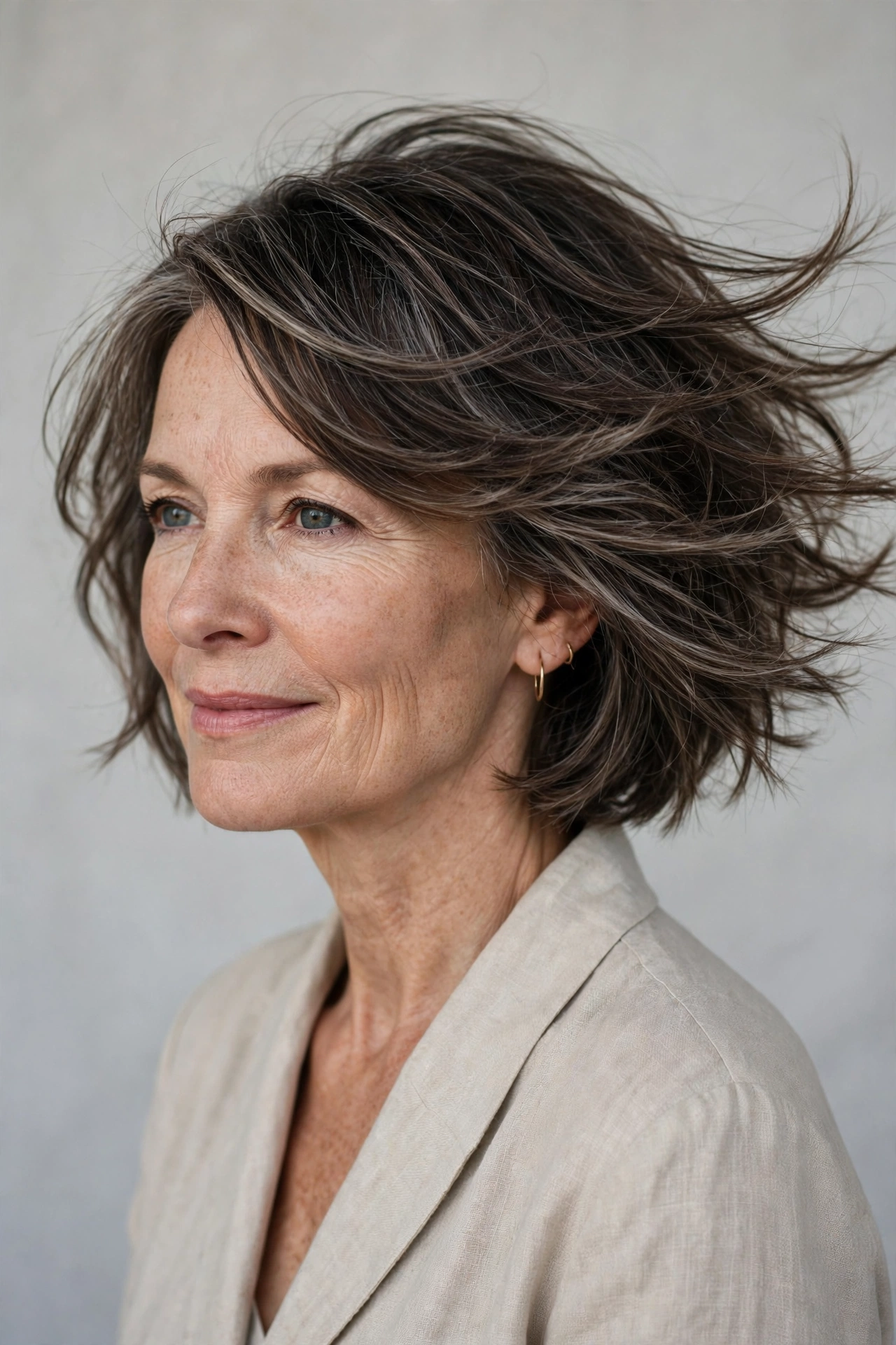 A woman with a textured side swept mother of the bride bob