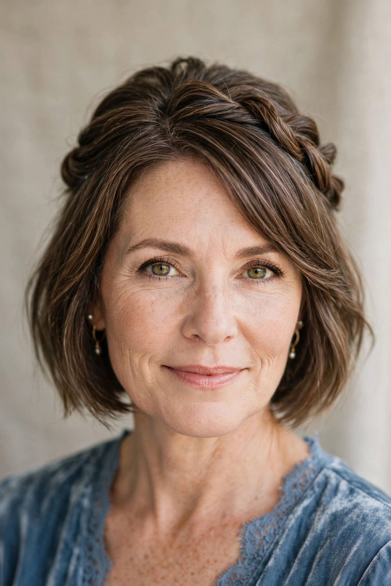 A woman with a twisted crown half-up mother of the bride bob