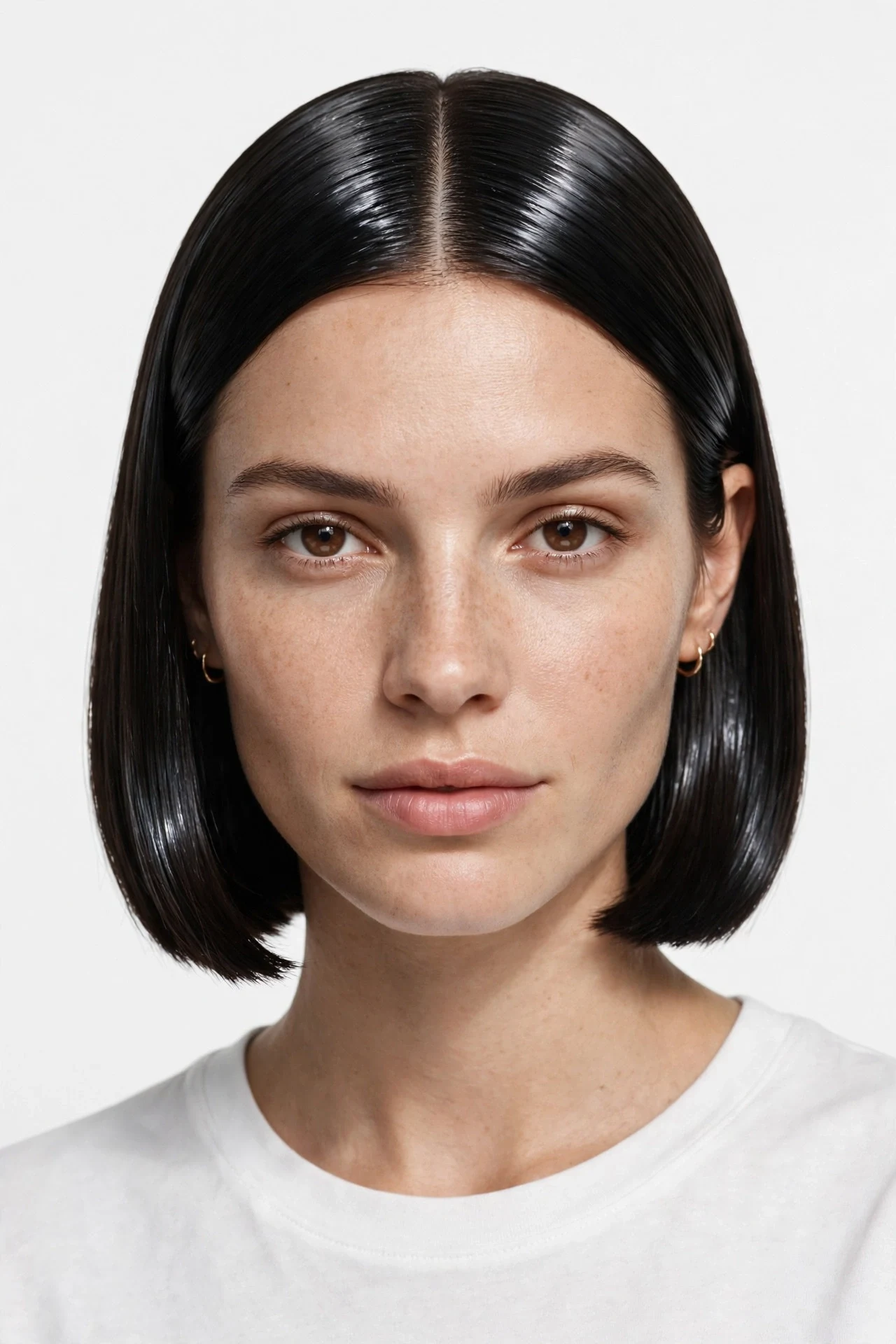 Glass hair middle part bob with a mirror shine finish