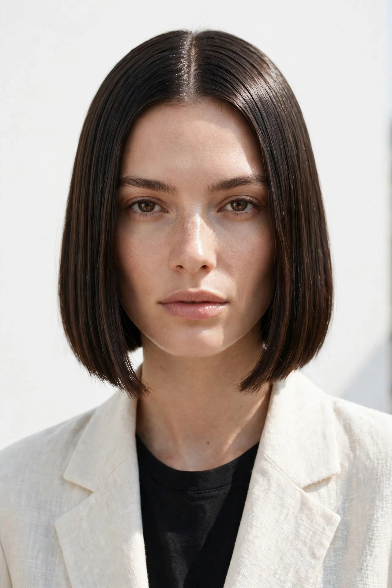 Bob haircut with middle part: sleek chin length blunt bob with a precise center part