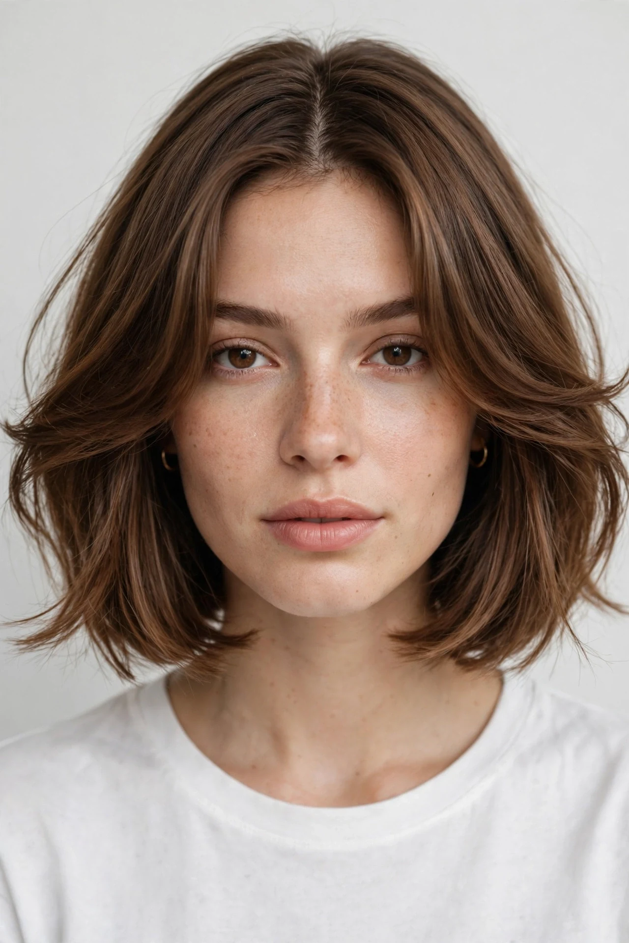 Middle part bob with soft curtain layers sweeping from the face