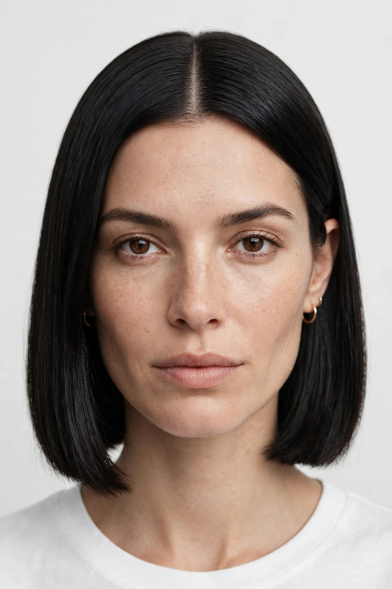 Sleek blunt middle part bob with a sharp chin length finish