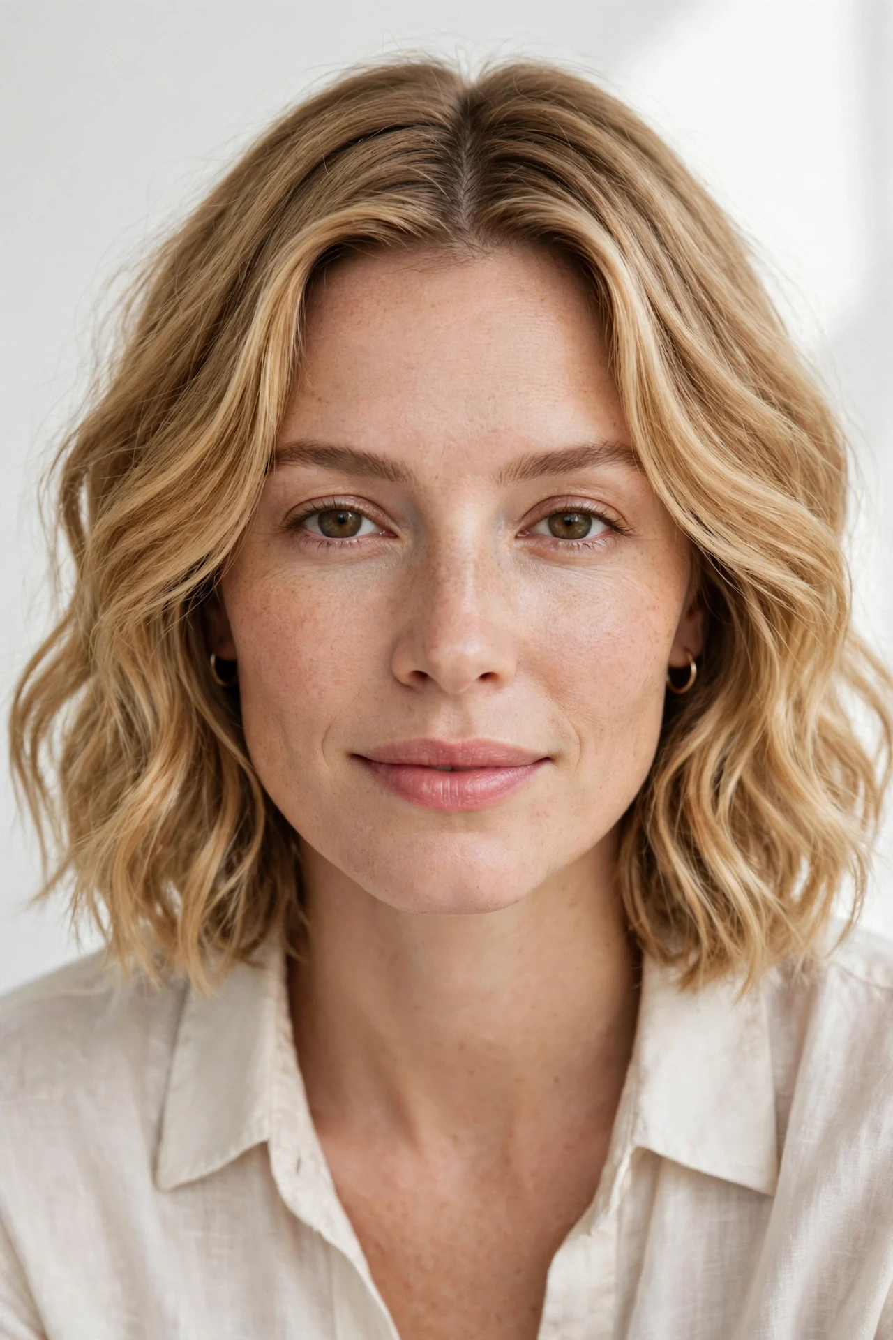 Wavy middle part bob with loose honey blonde waves