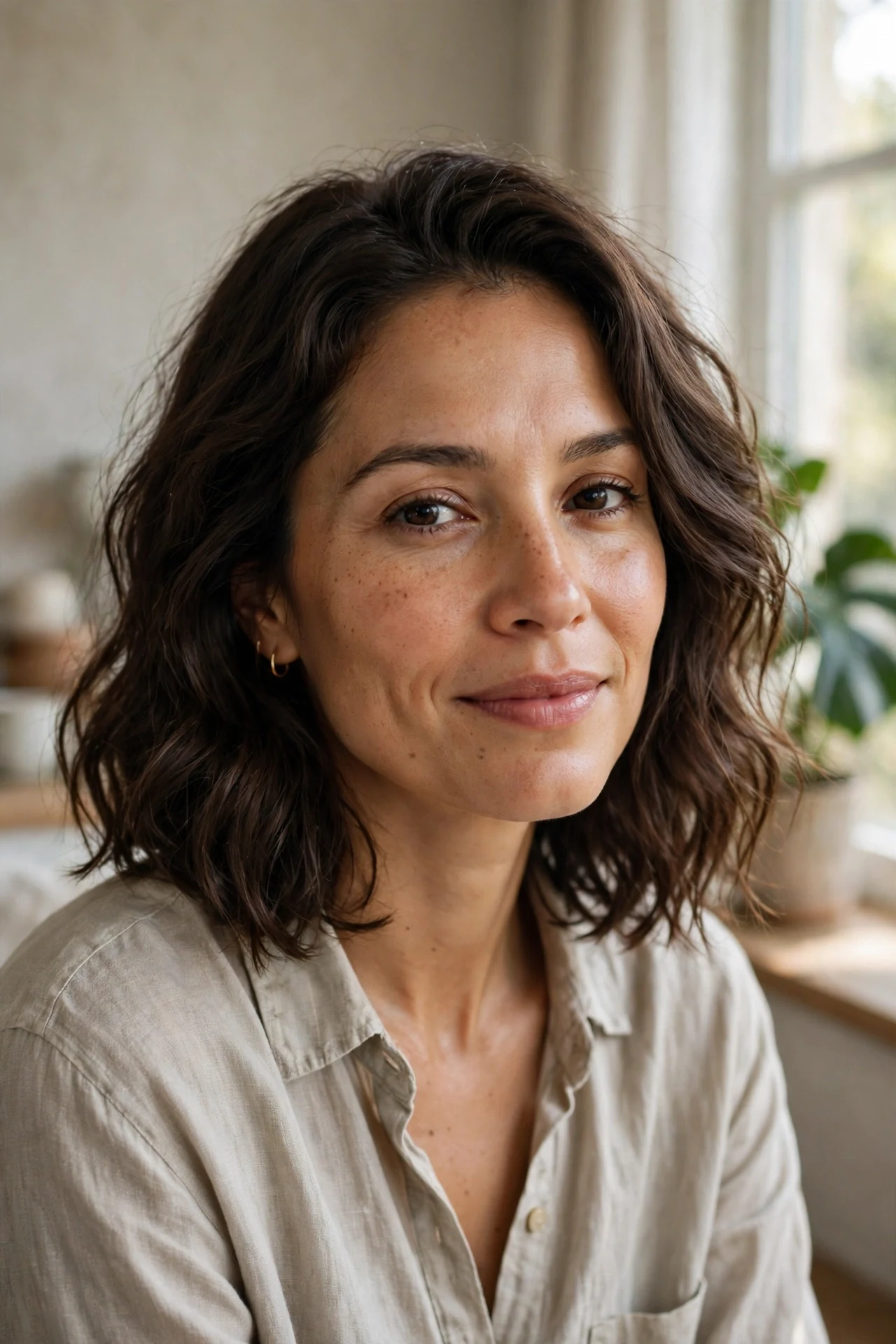 Natural wavy midi bob with soft lived-in waves
