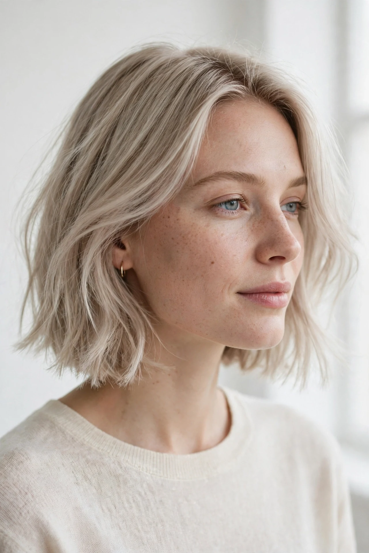 Ash blonde airy bob with soft feathered ends and light movement