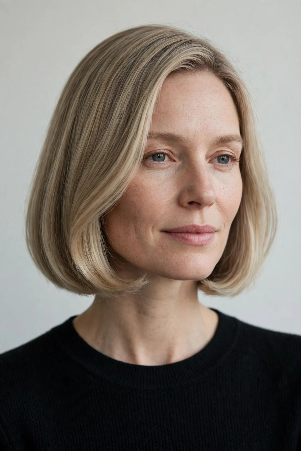 Blunt bob with soft curved ends in soft dark blonde
