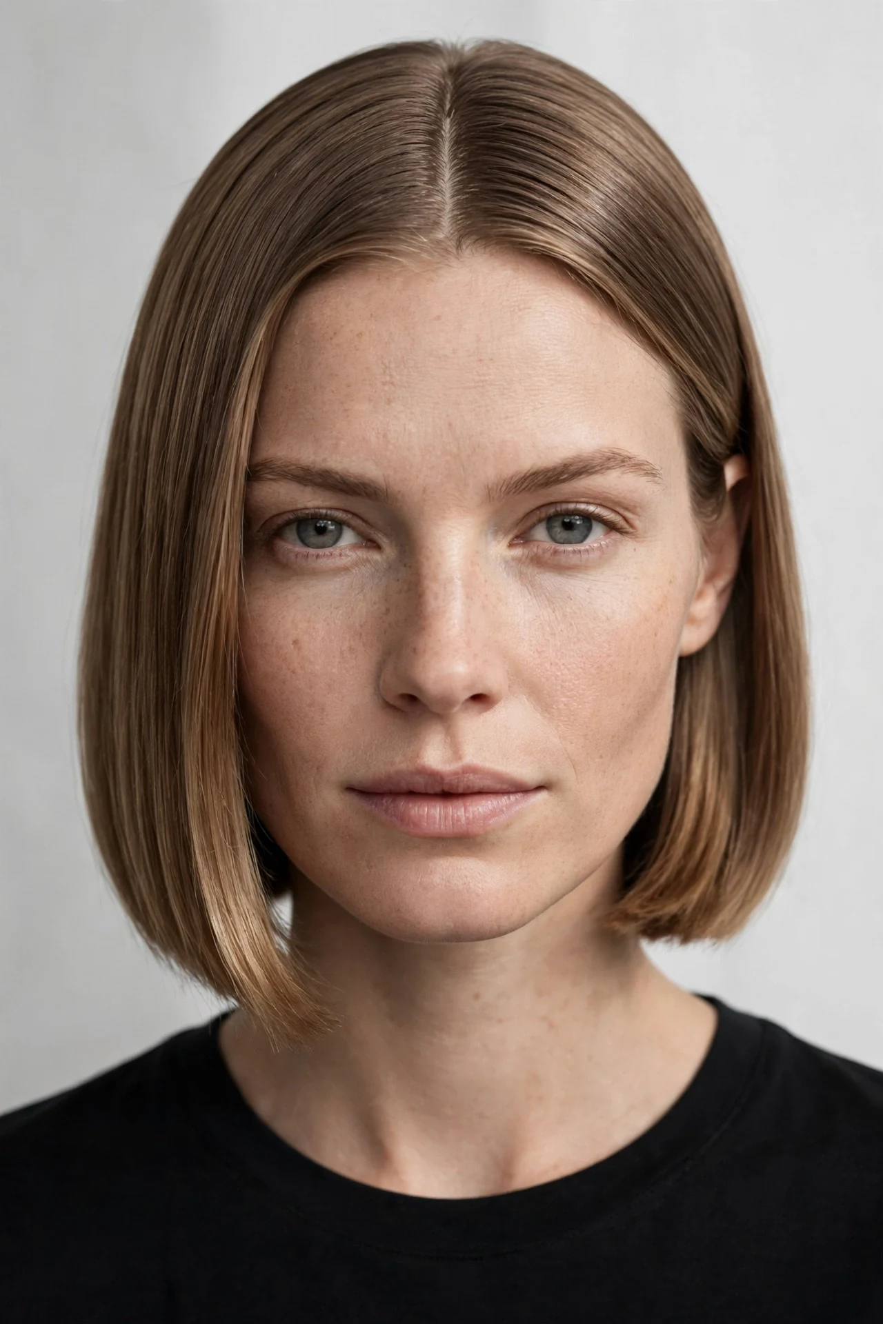 Center part sleek nordic bob in light brown with a glossy finish