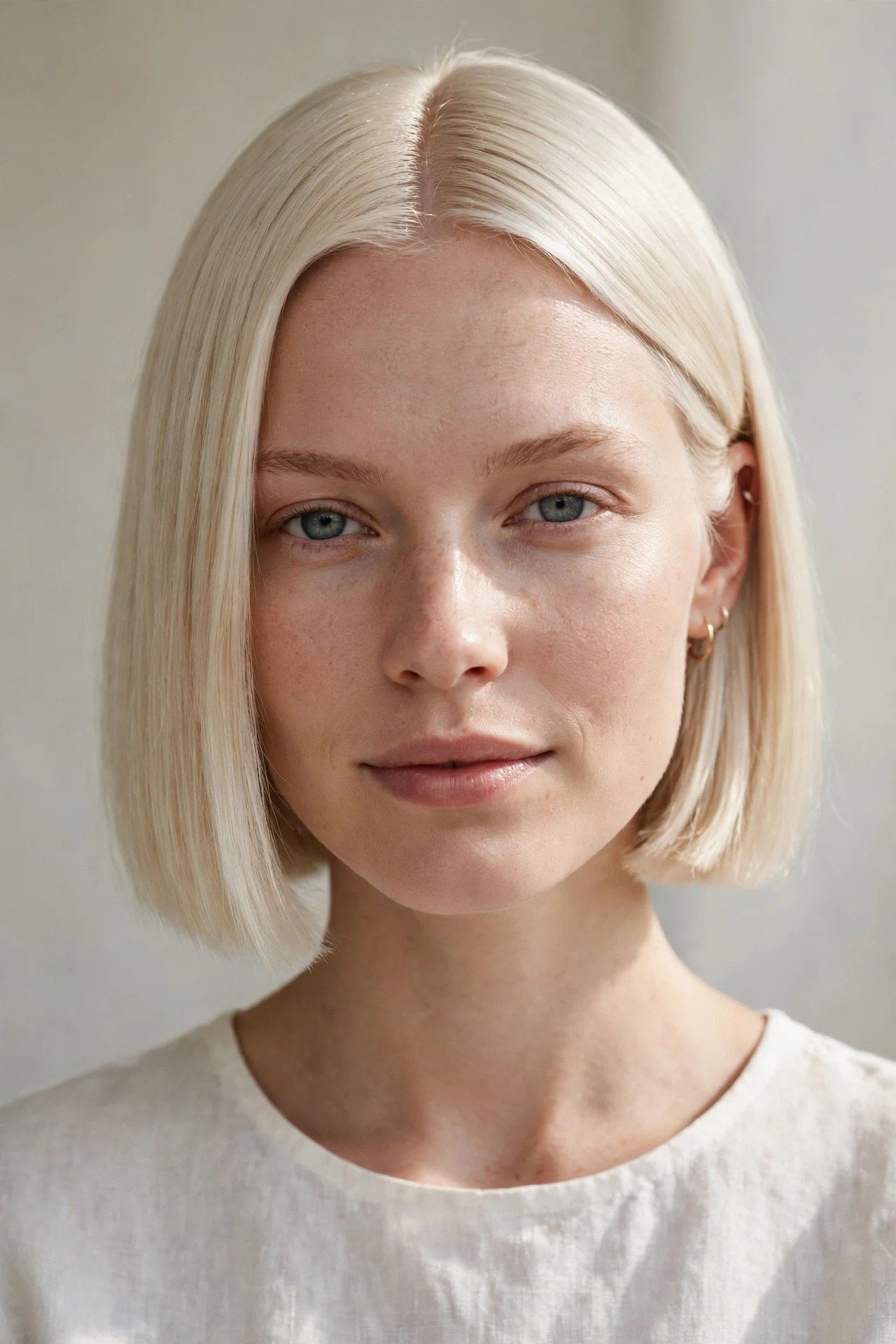 Nordic bob haircut: classic Scandinavian blunt bob in platinum blonde