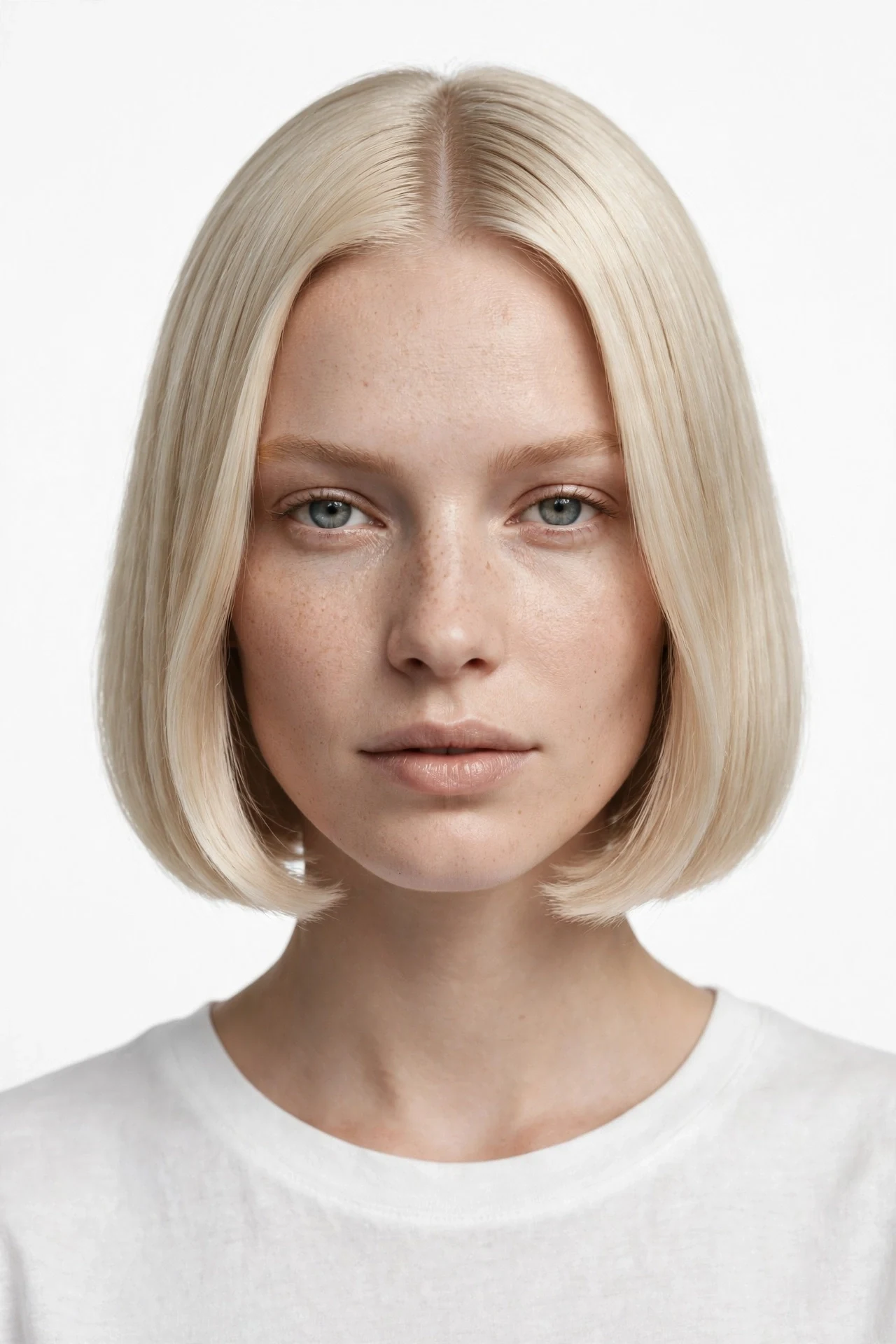 Jaw length clean bob in platinum blonde with tucked ends