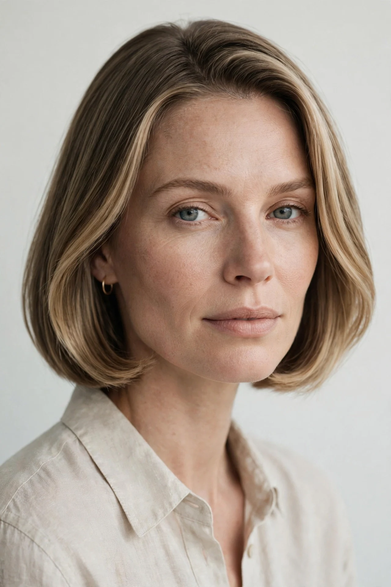 Soft dark blonde bob with a smooth polished finish and curved ends
