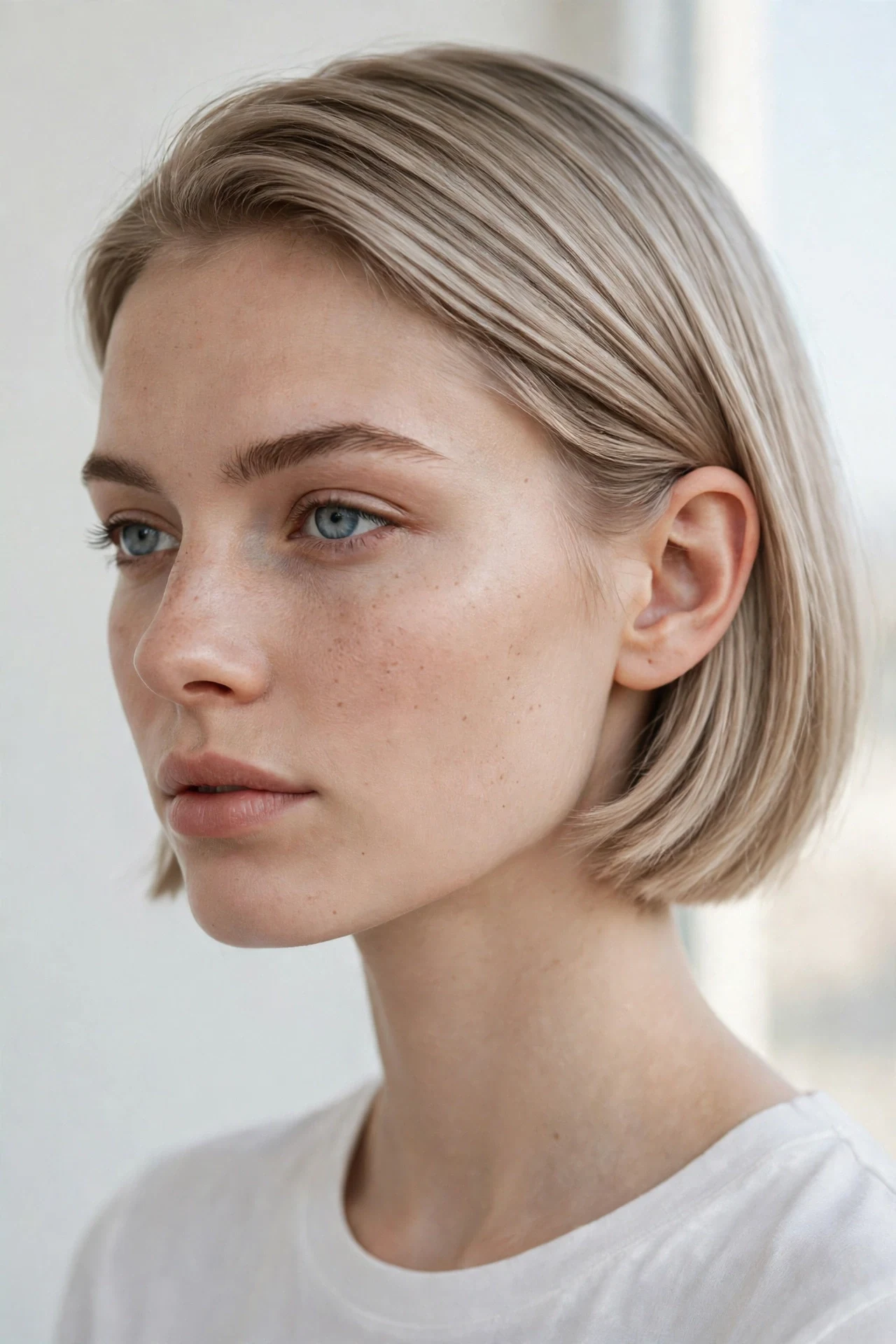 Nordic bob tucked behind one ear in ash blonde