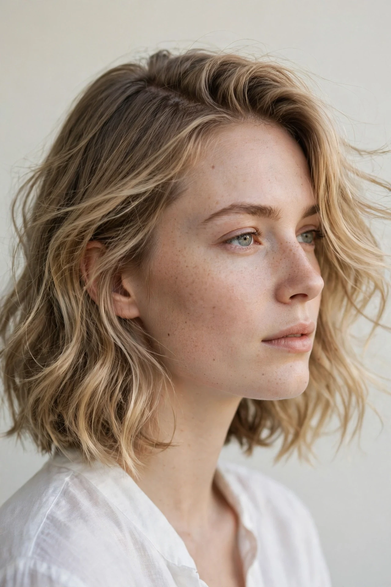 Wavy scandinavian bob in soft dark blonde with gentle natural waves