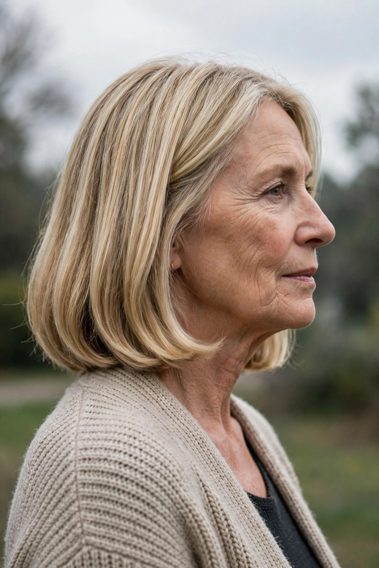 longer italian bob covering the neck on a blonde woman in her 60s