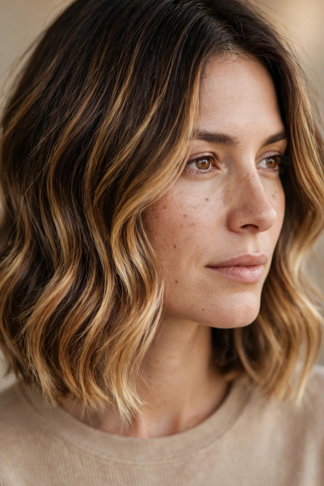 Neck length layered bob with sun kissed balayage