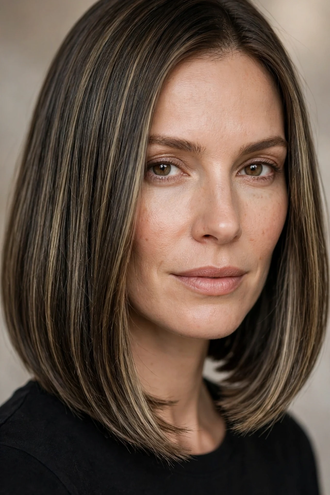 Neck length bob with blunt ends and soft interior layers