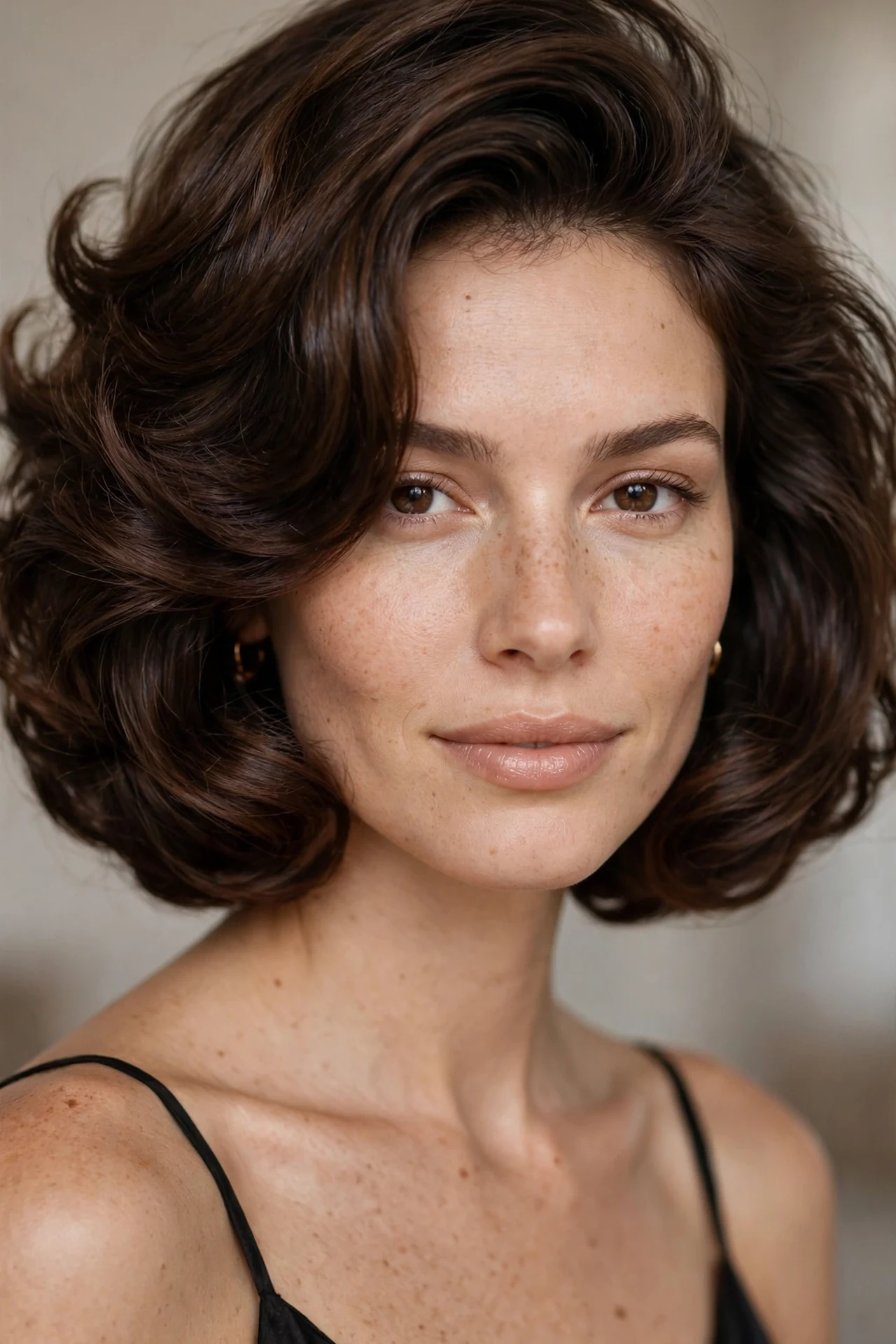 Bouncy blowout neck length layered bob with volume