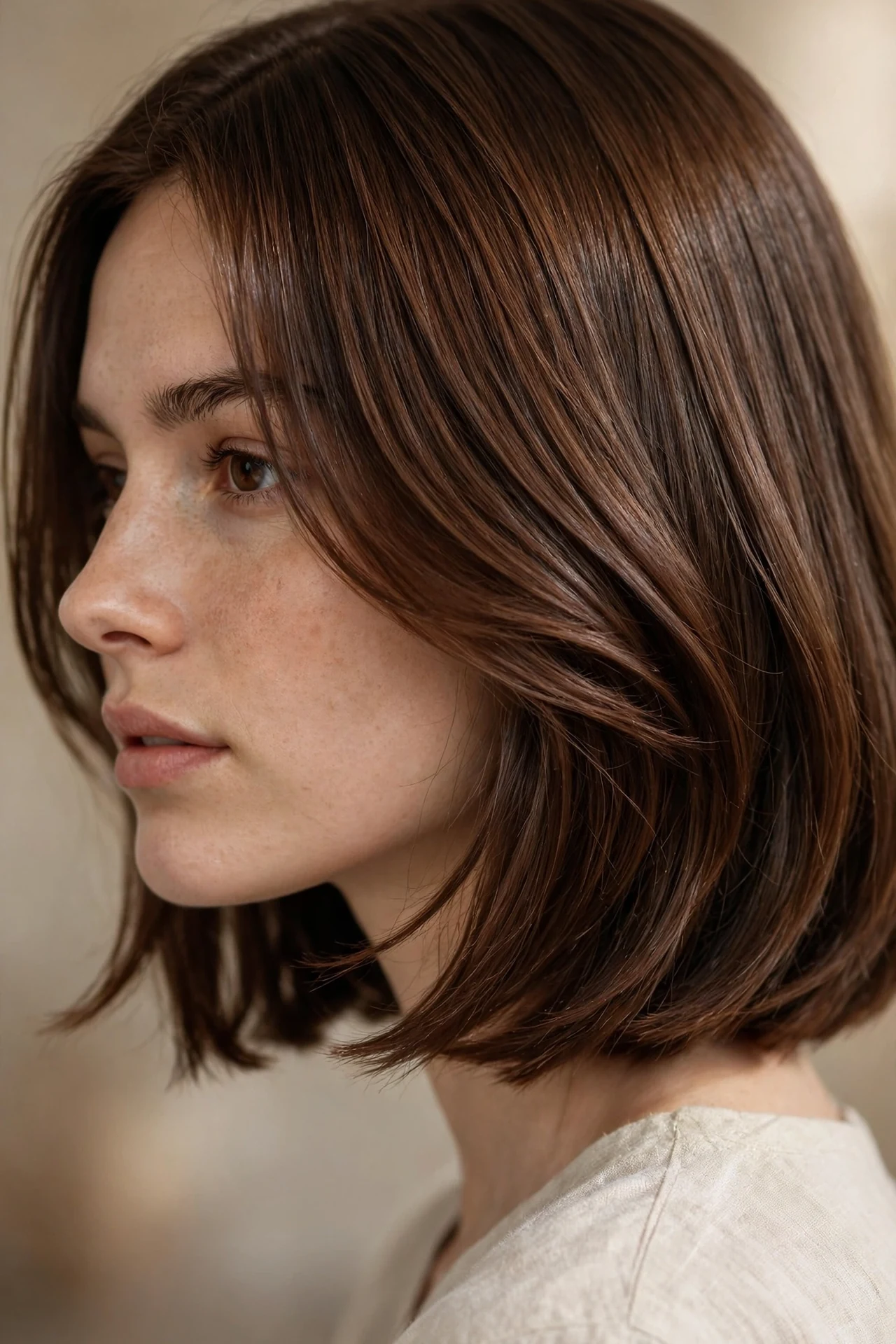 Classic neck length layered bob with soft layers, brunette hair