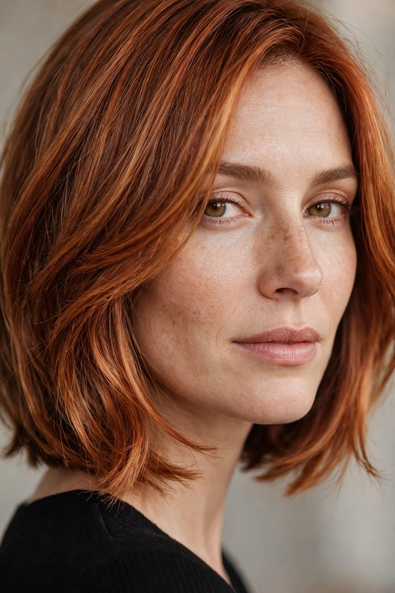 Copper red neck length layered bob with warm shine
