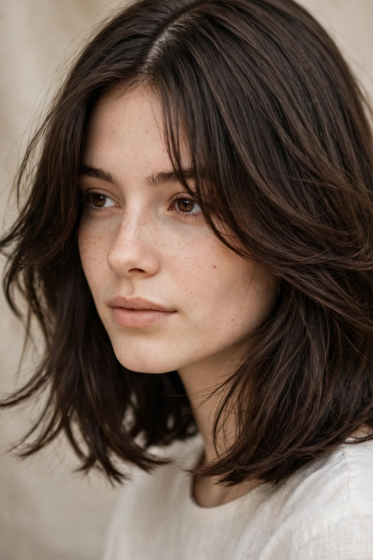Neck length layered bob with curtain bangs