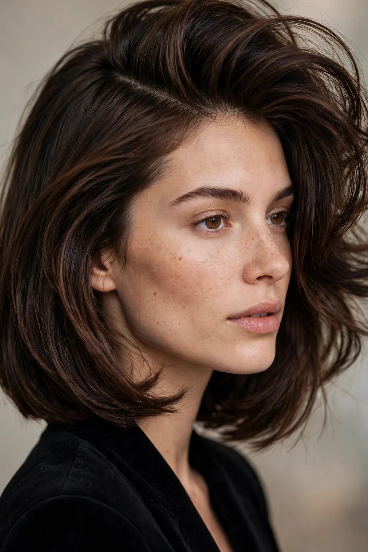 Neck length layered bob with a deep side part
