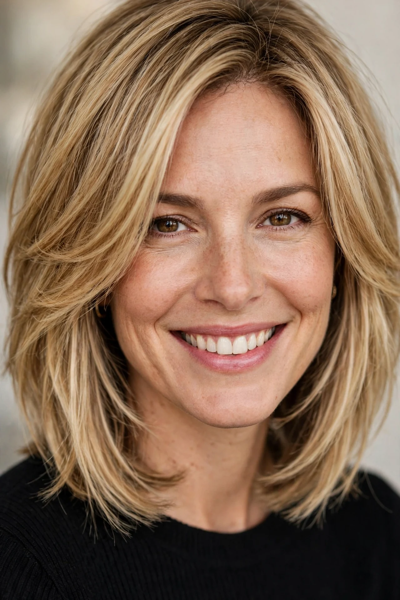 Neck length layered bob with soft face framing pieces