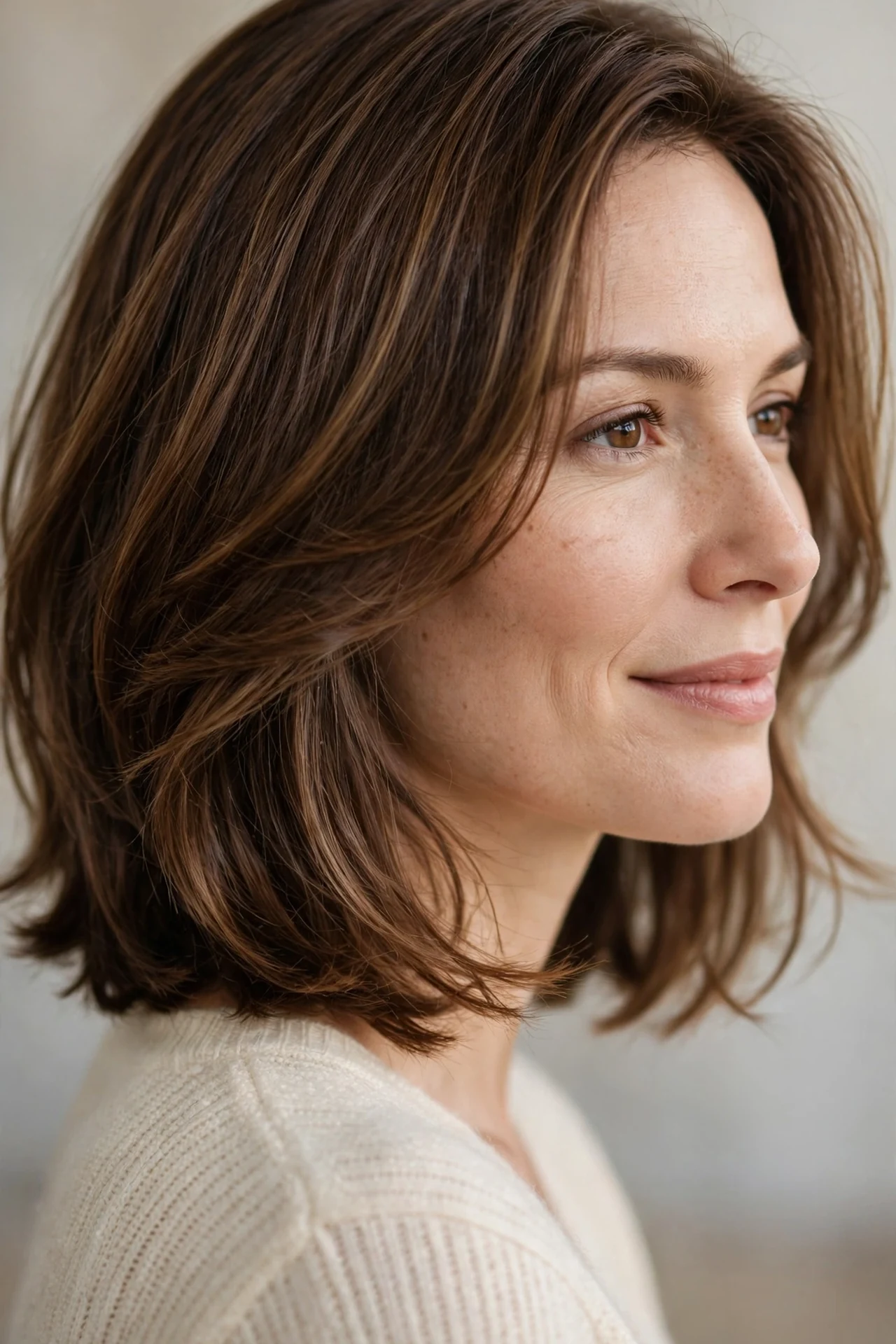 Neck length layered bob with soft romantic layers grazing the neck