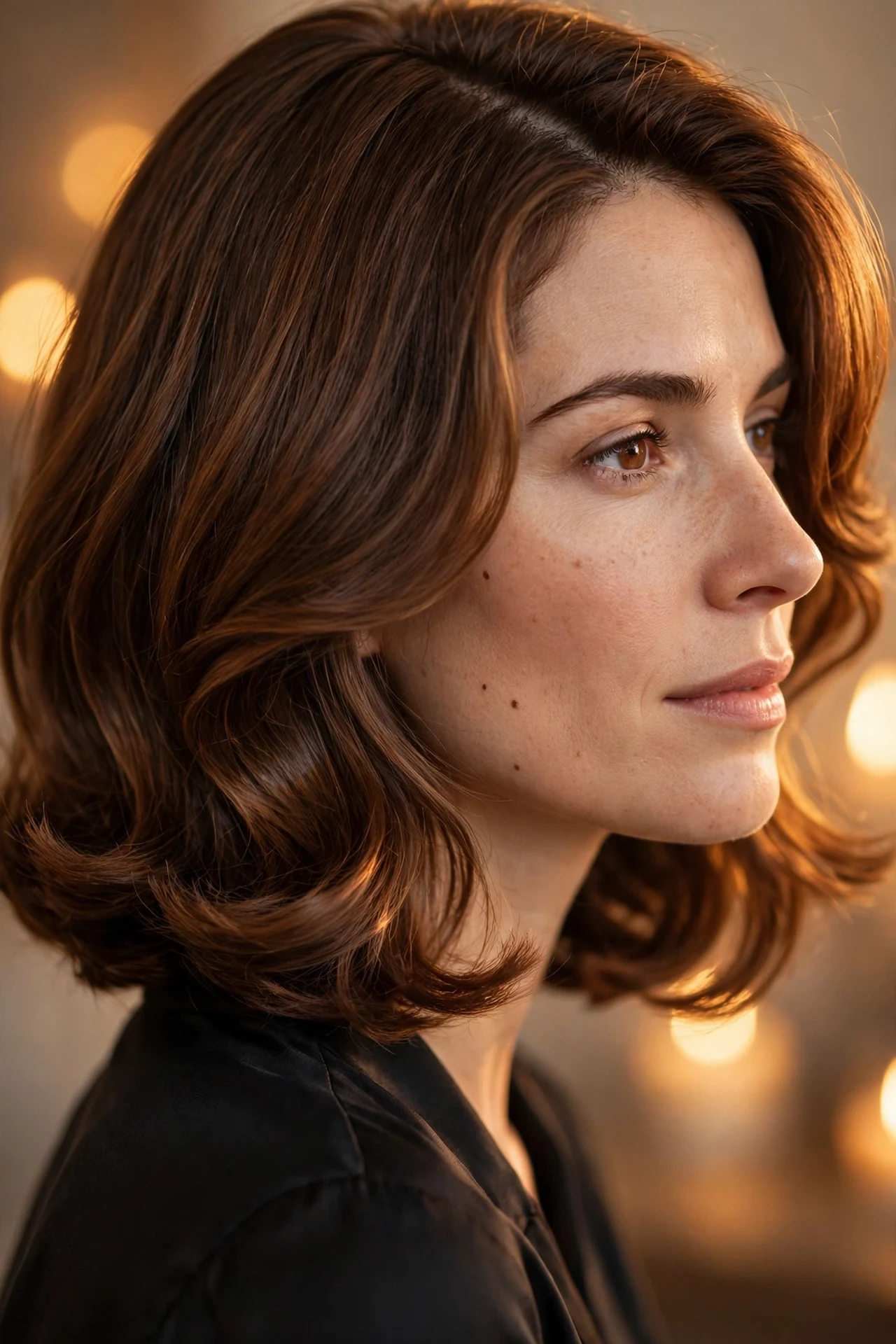 Romantic neck length layered bob with soft curls for evening