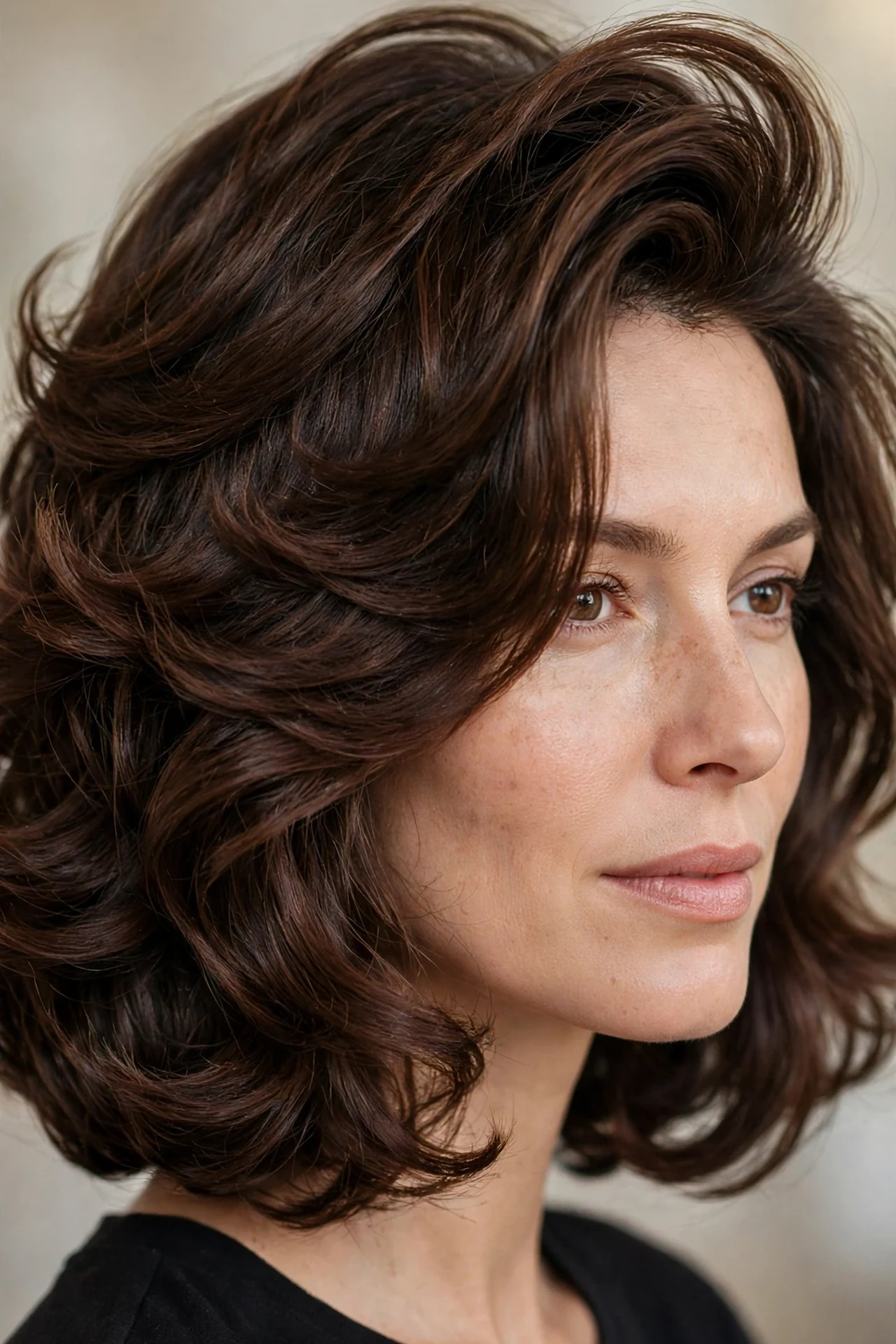 Voluminous neck length layered bob with lifted roots