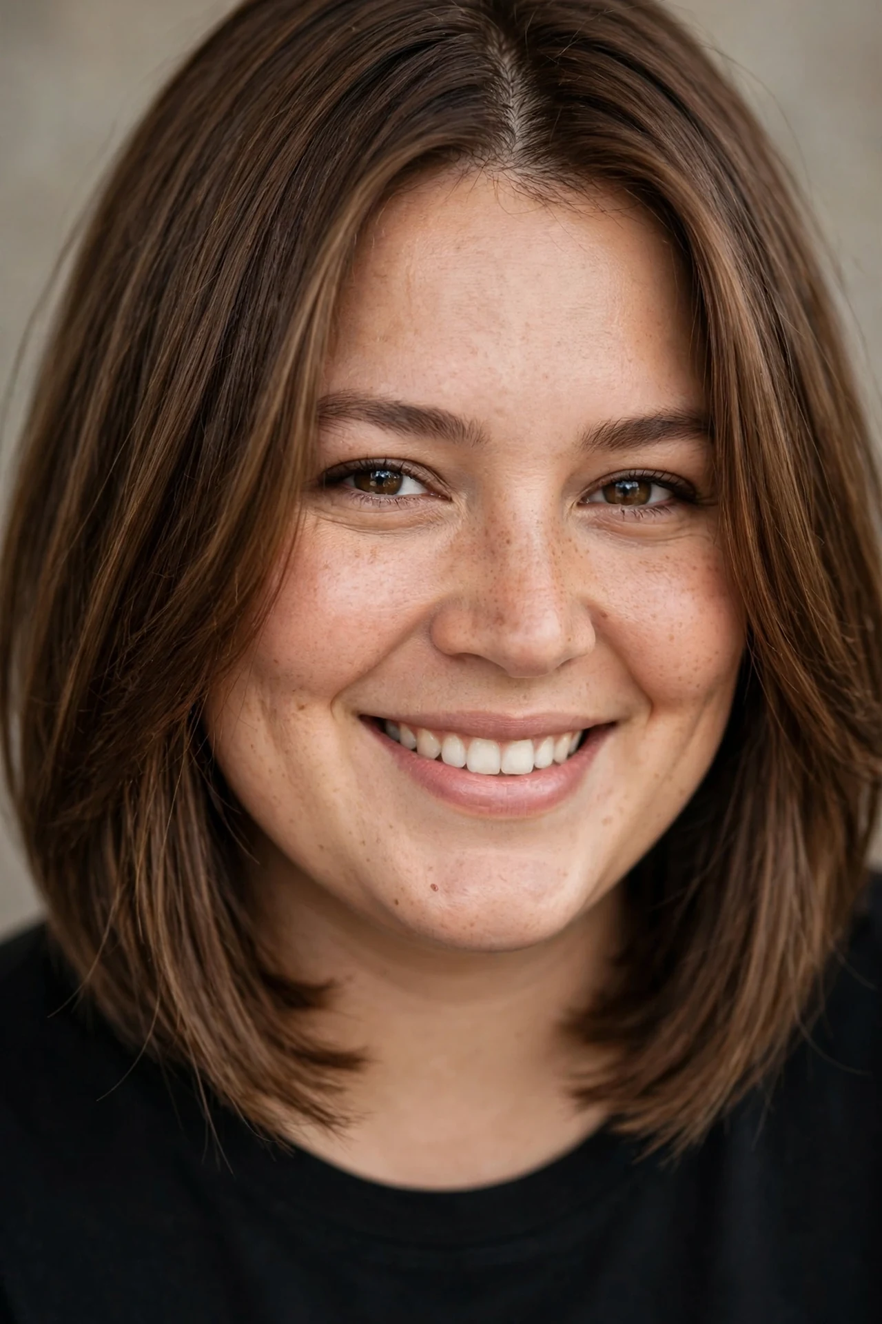 Neck length layered bob on a round face with slimming layers