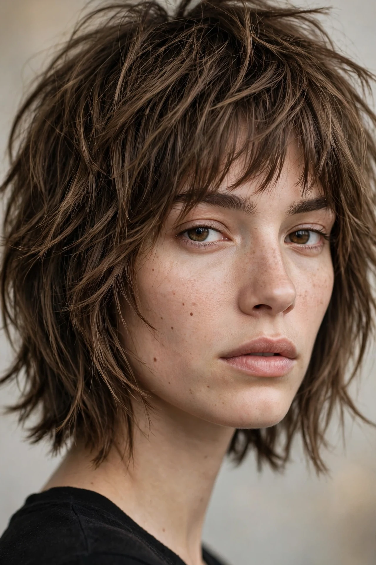 Shaggy neck length layered bob with razor cut texture