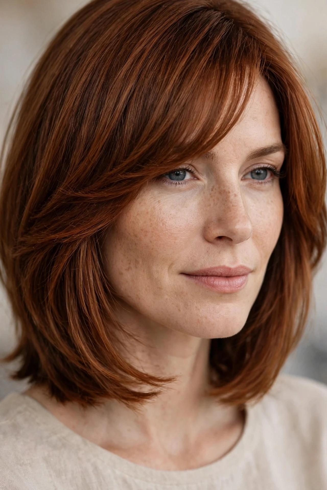 Neck length layered bob with side swept bangs, auburn hair