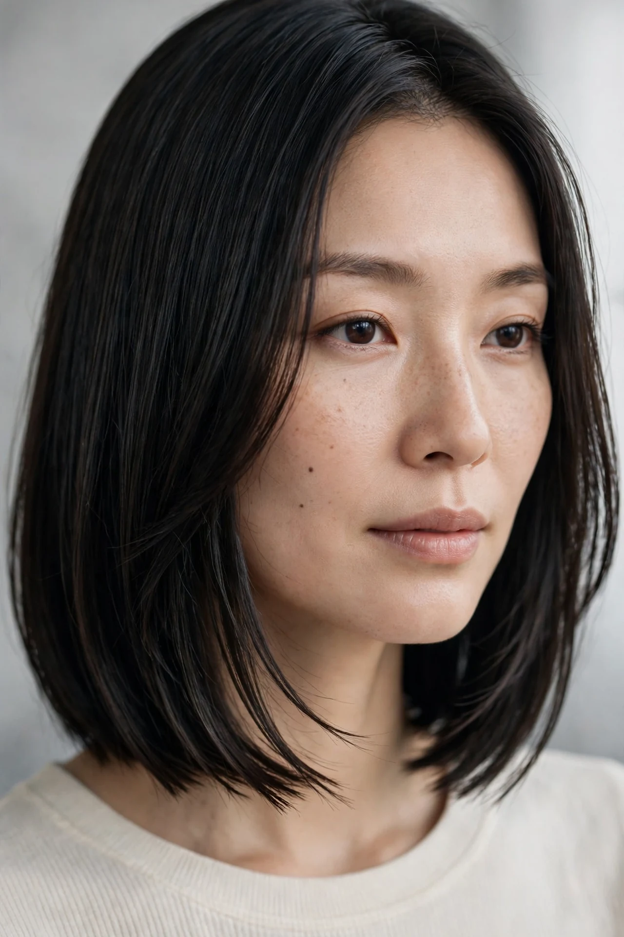 Sleek straight neck length layered bob with glossy finish
