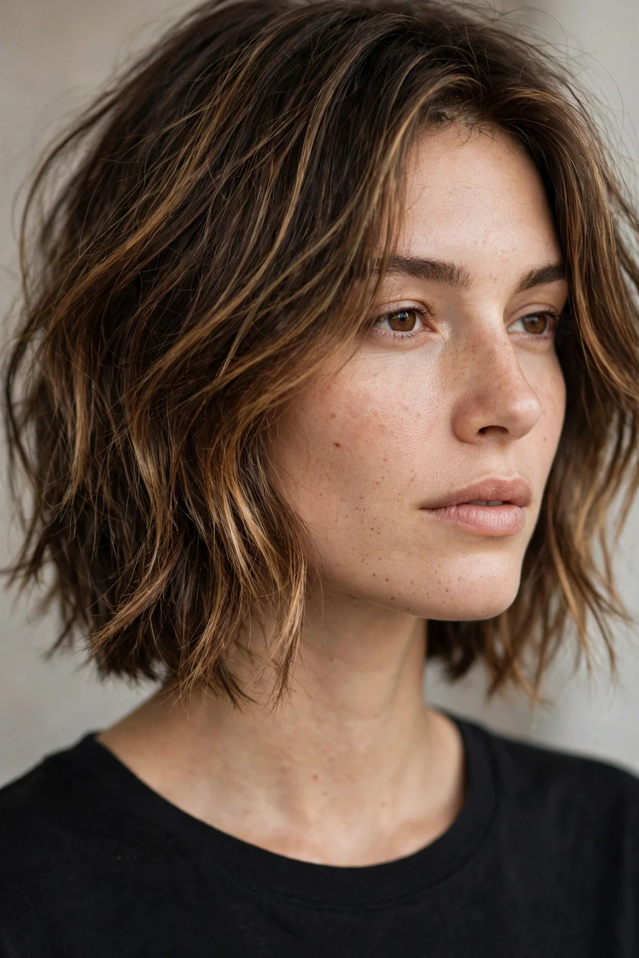 Textured piecey neck length layered bob with tousled ends