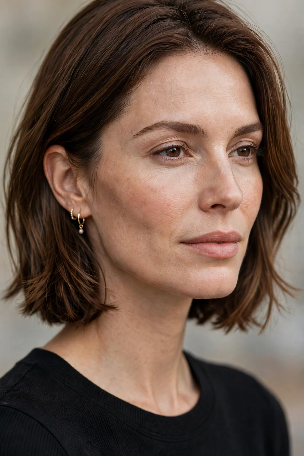 Neck length layered bob tucked behind the ears