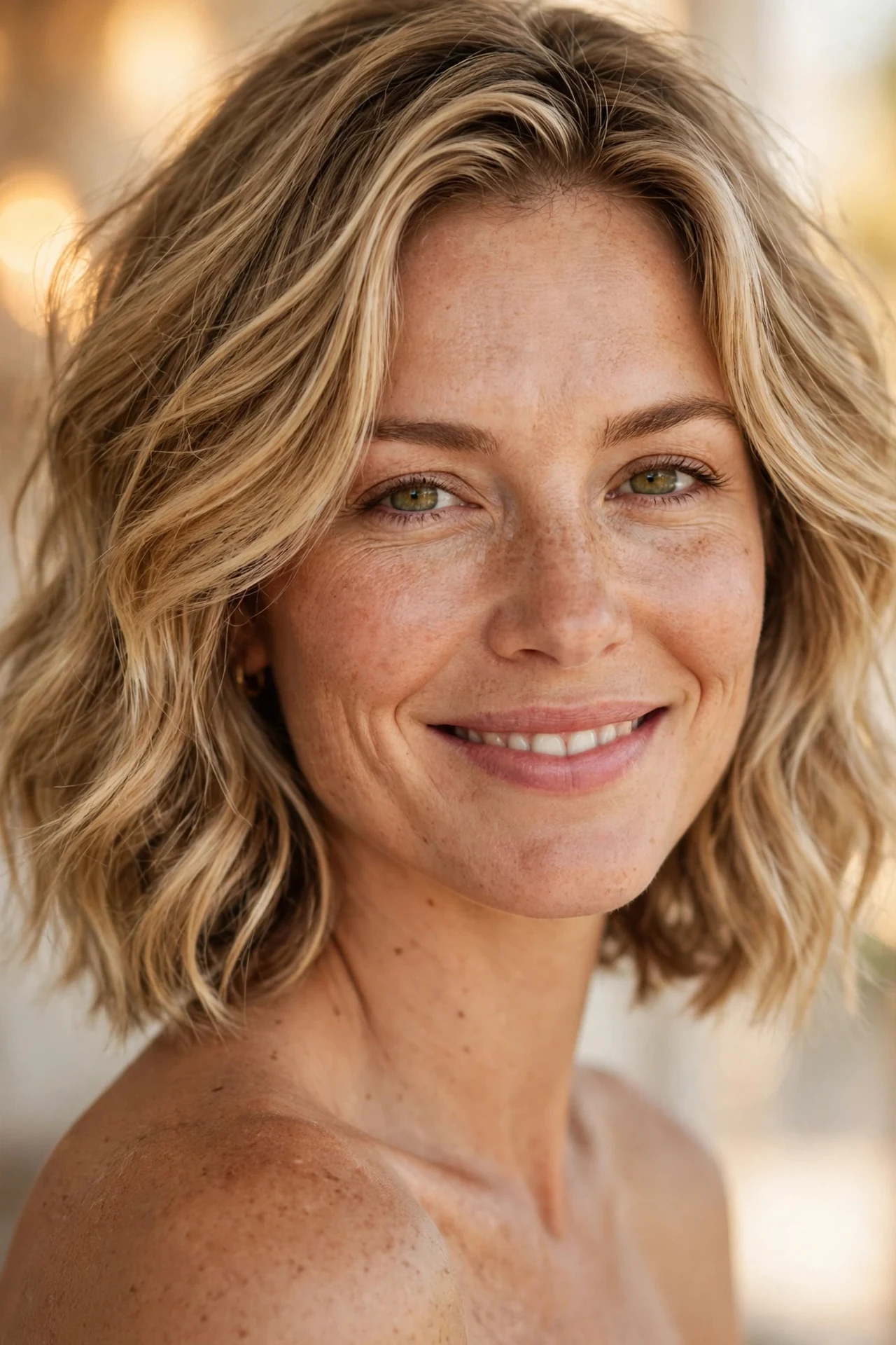 Wavy neck length layered bob with beachy texture