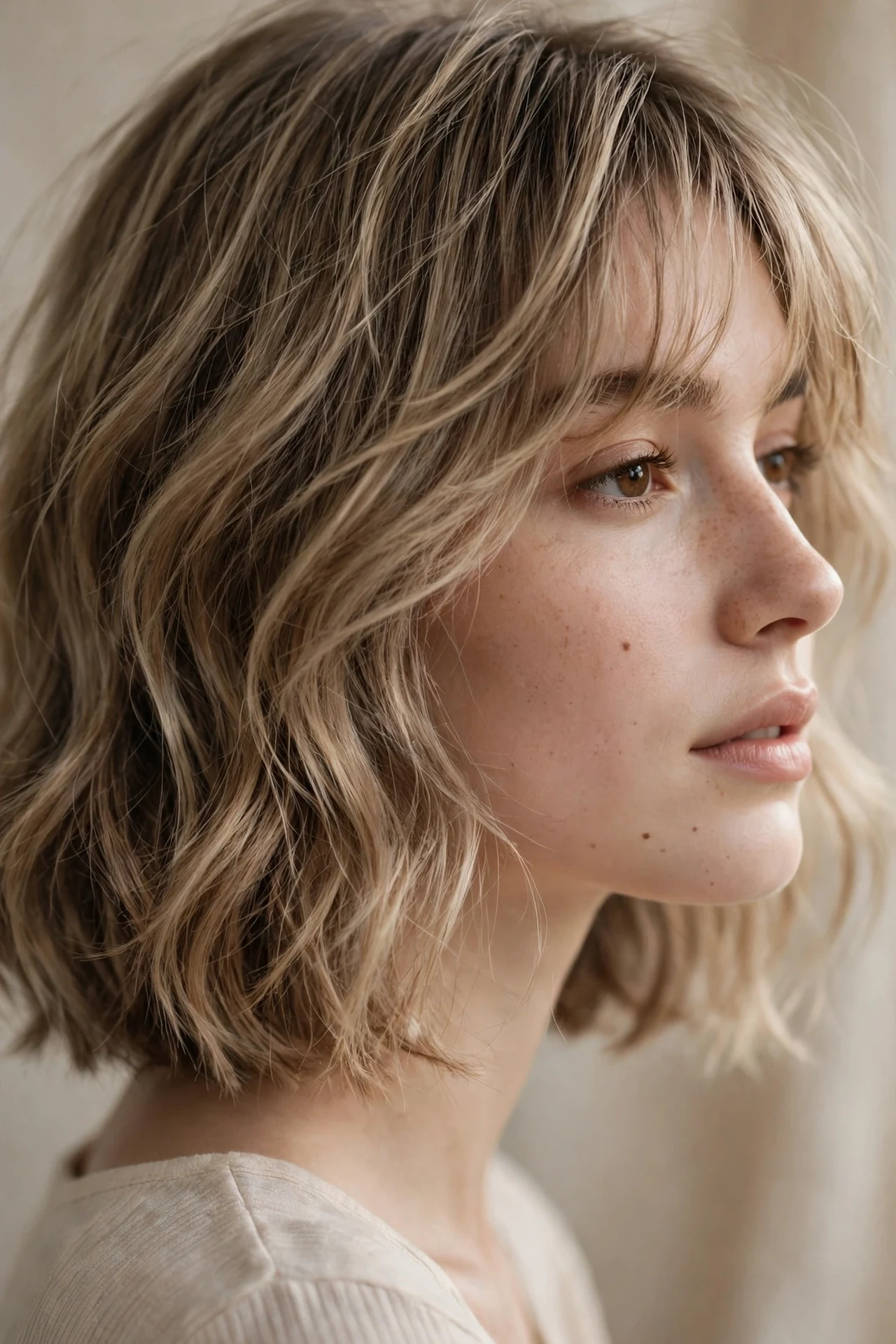 Neck length layered bob with wispy feathered bangs