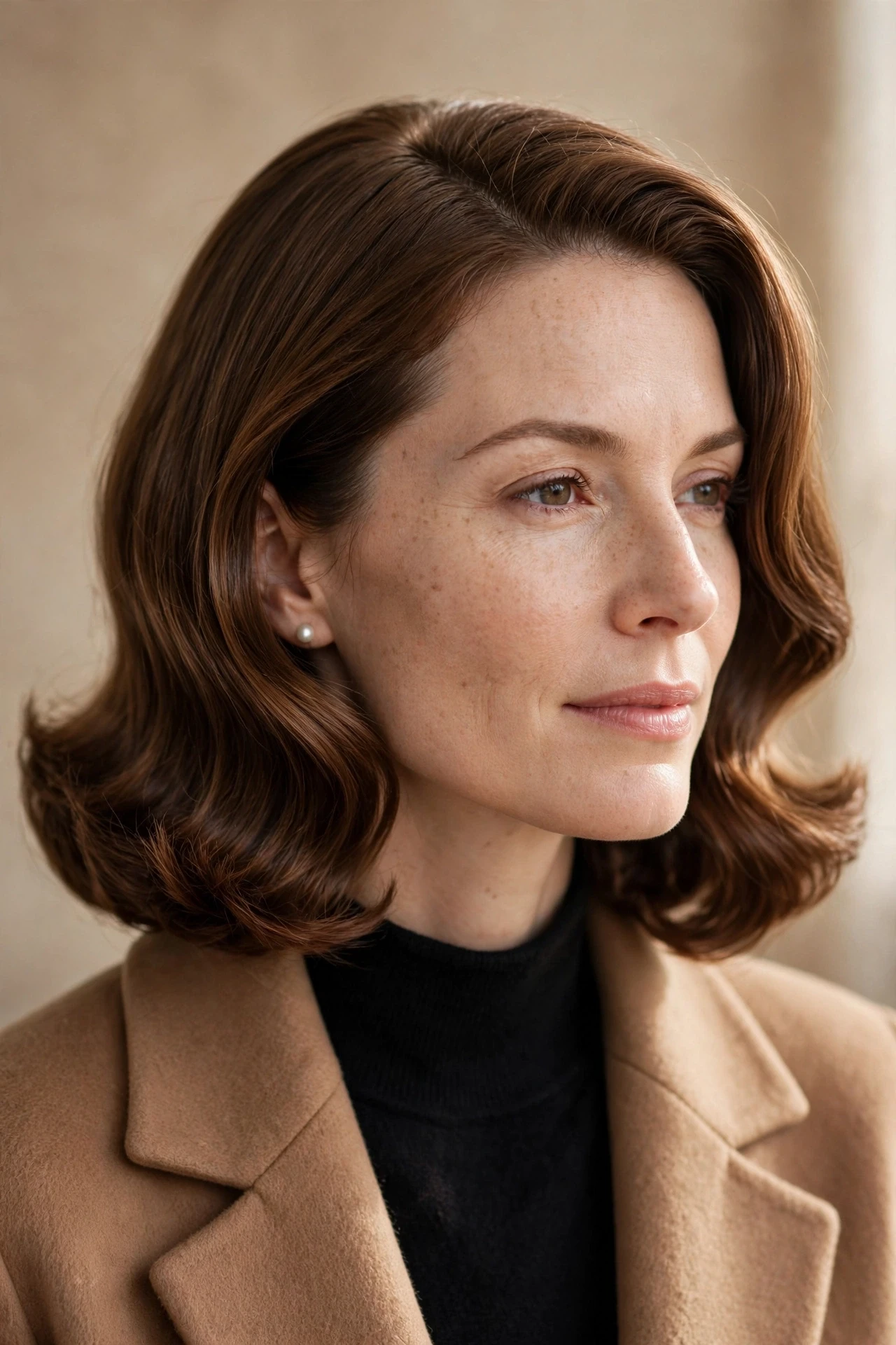Polished lob-length old money bob with a bouncy blowout